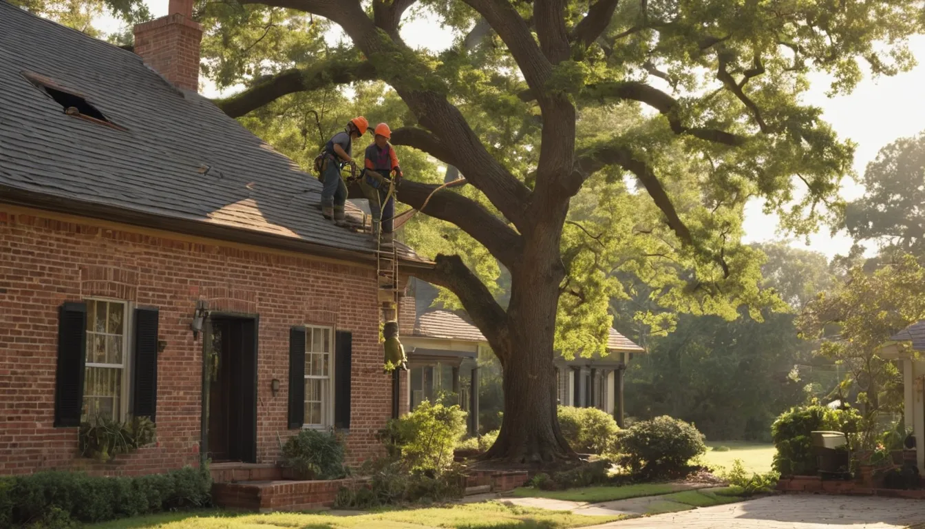 A local tree removal provider guiding a section of a large oak down with ropes beside an older brick house in Acworth